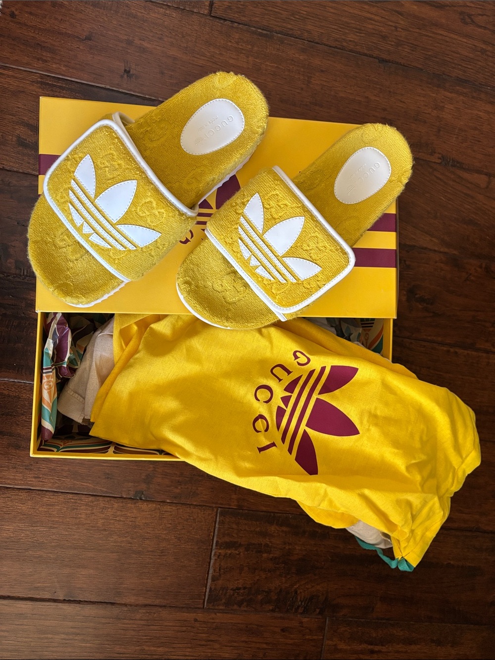 Gucci Yellow Terry Slide Sandals with White Logo